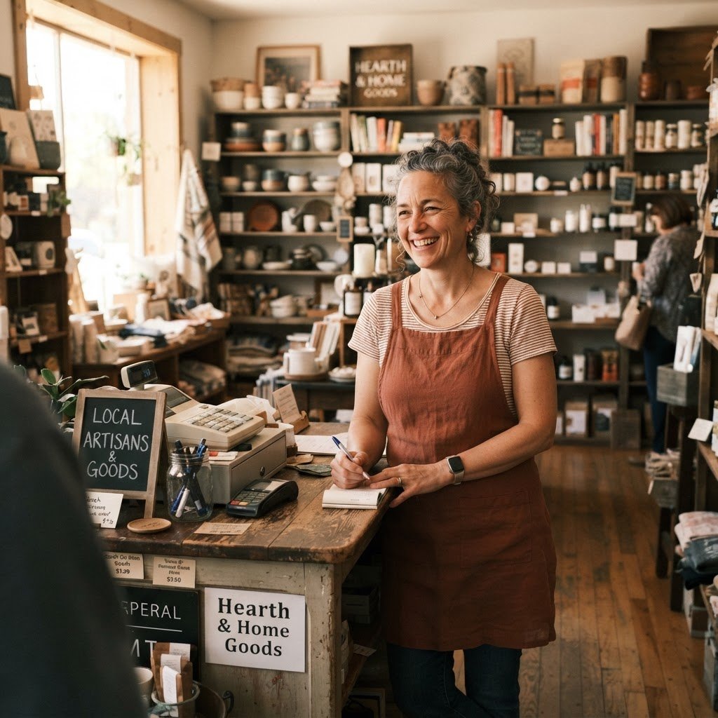 Smiling shopkeeper behind a wooden counter in a cozy artisan store, shelves filled with pottery and goods in the background.