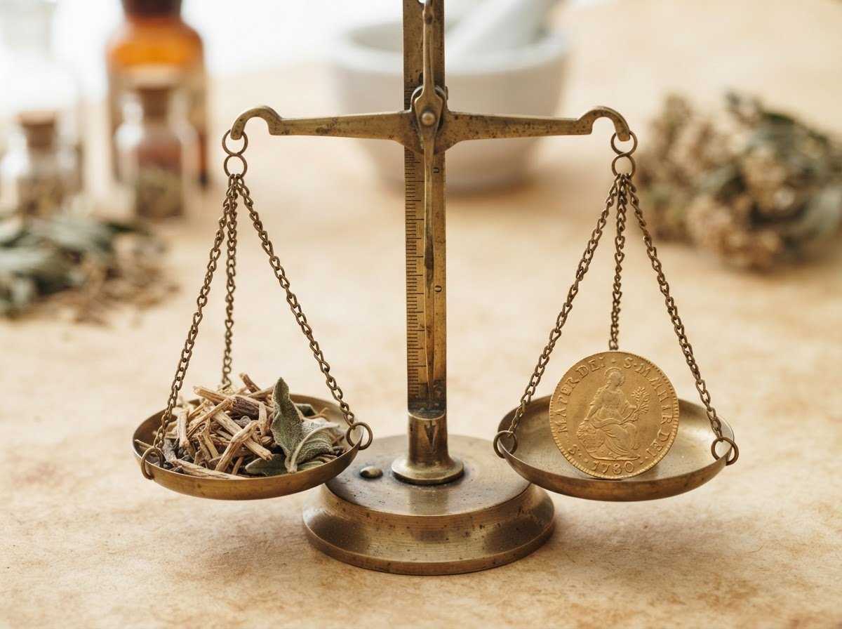 Vintage balance scale with dried herbs on the left pan and a gold coin on the right, on a rustic countertop.